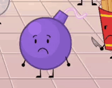a purple bomb with a sad face is standing on a tiled floor next to a knife and french fries .