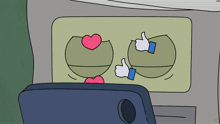 a cartoon drawing of two faces with thumbs up and hearts on them