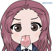 a drawing of a girl with pink hair sticking out her tongue with the name snowyke below it