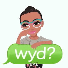 a cartoon girl is holding a green speech bubble that says wyd