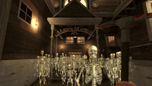 a bunch of skeletons in front of a sign that says mann-manor