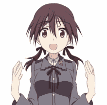 a girl with pigtails is wearing a military uniform and making a peace sign