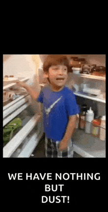 a young boy is standing in front of a refrigerator with the words `` we have nothing but dust '' written on the bottom .