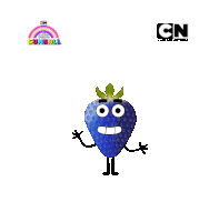 a blue strawberry with arms and legs and a gumball logo behind it