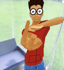 a cartoon of a man wearing glasses and a red shirt giving the middle finger