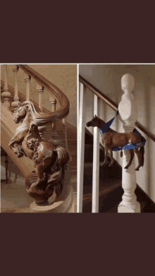 a picture of a staircase with a horse on the railing