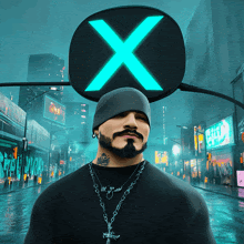 a man with a beard is standing in front of a sign that has the letter x on it