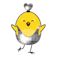 a cartoon chicken wearing a disco ball and a heart shaped hat