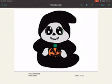 a drawing of a grim reaper holding a pumpkin is on a phone screen