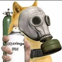 a dog wearing a gas mask is holding a can of anti cringe spray .