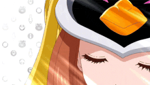 a close up of a woman 's face wearing a mask with a penguin on it