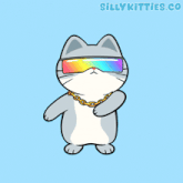 a cartoon of a cat wearing sunglasses and a gold chain says sillykitties.co on the bottom