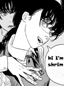 a black and white drawing of a girl with the words hi i 'm shrimp