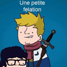 a cartoon of a boy holding a sword with the words une petite felation below him