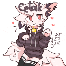 a drawing of a cat wearing a black hoodie with the word celak written on it