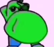 a cartoon character with a large green belly is standing on a pink background .