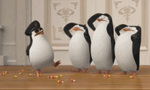 a group of penguins are standing on a table