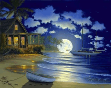 a painting of a house on a beach at night with a boat and a full moon in the background .