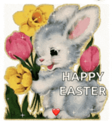 a bunny holding a bouquet of flowers with the words happy easter written below it