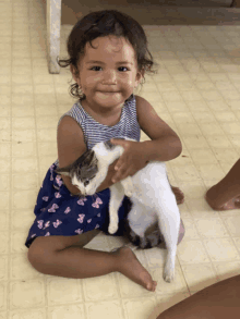 a little girl in a blue dress holds a cat