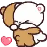 a brown and white teddy bear hugging another teddy bear with a heart in the background .