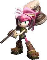 a cartoon character with pink hair is holding a hammer and a rock