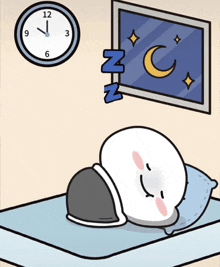 a cartoon drawing of a person sleeping with a clock behind them that says ' nn '