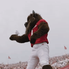 a mascot wearing a red jersey with the number one on it