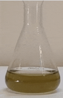 a beaker filled with a brown liquid on a table .