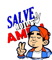 a cartoon of a man giving a peace sign with the words " salve mojitos am " in the background