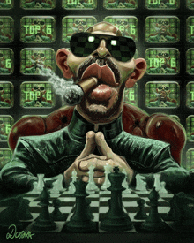 a cartoon of a man smoking a cigar while playing chess with the number 6 on the screen behind him