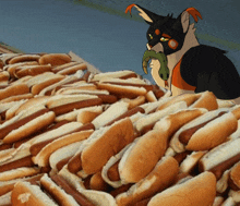 a cat with a snake in its mouth is standing in front of a pile of hot dogs