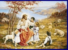 jesus is surrounded by children and sheep in a field