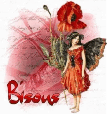 a fairy in a red dress is holding a red poppy .