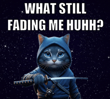 a cat in a hoodie holding a sword with the words what still fading me huhh