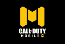 the call of duty mobile logo is yellow and white on a black background