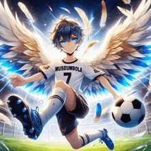 a soccer player with wings and the number 7 on his shirt is kicking a soccer ball