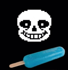 a pixel art of a skull next to a blue popsicle .