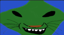 a cartoon drawing of a green cat with a big smile