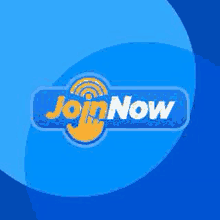 the logo for join now is on a blue background with a hand .