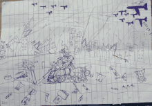 a drawing of a destroyed city with planes flying in the sky