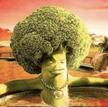 a picture of a person made out of broccoli with a necklace around their neck