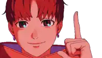 a close up of a person 's face with their finger pointing upwards