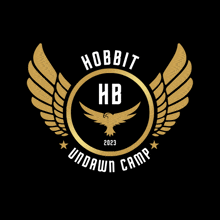 a logo for hobbit hb undawn camp with a bird in the center