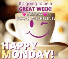 a coffee cup with a smiley face on it and the words happy monday