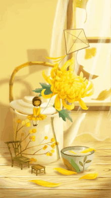 a painting of a girl flying a kite next to a vase of yellow flowers and a cup of tea