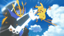 a cartoon of pikachu fighting a monster with a sword in the sky