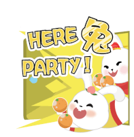 a cartoon rabbit is holding oranges and says here party !