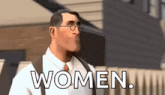 a man in a suit and tie is standing in front of a building with the word women written on it .