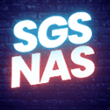 a neon sign that says sgs nas on a dark brick wall